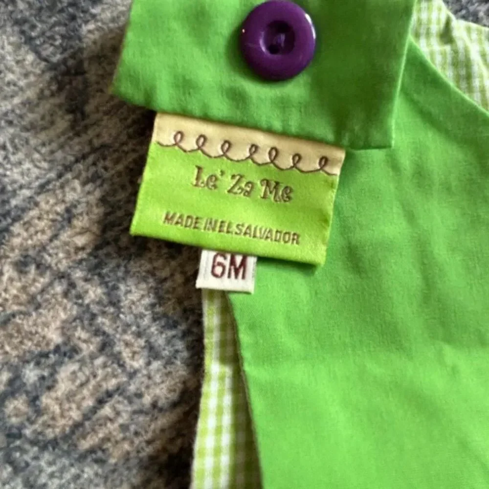 Le Za Me Baby 6M Reversible Mardi Gras Fleur de Lis Green Gingham Romper